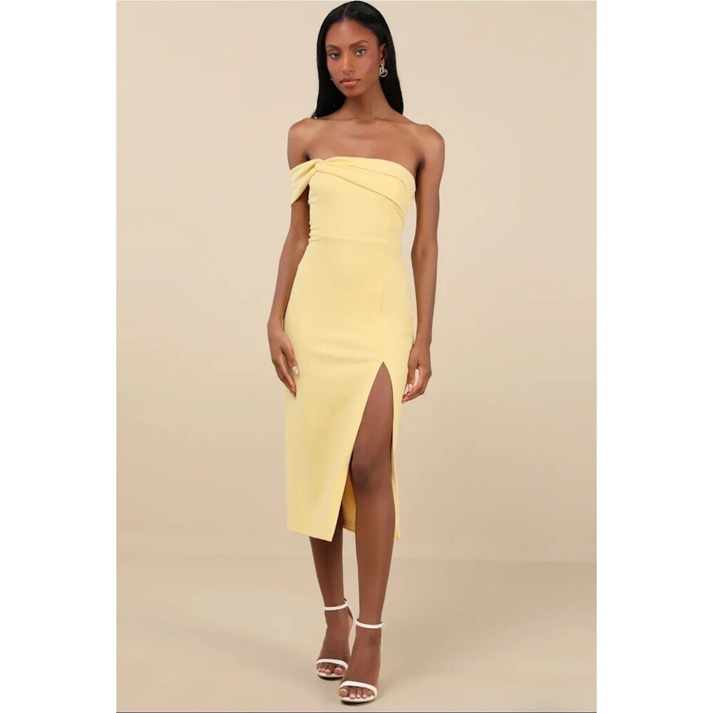 Lulus Dress Womens XS Light Yellow Twist and Make Up One-Shoulder Bodycon Midi